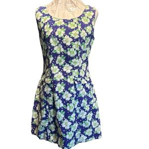 Lilly Pulitzer vintage blue green floral sleeveless dress front pockets size 10